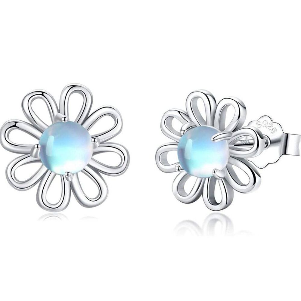 Moonstone Flower Stud Earrings 925 Sterling Hypoallergenic Jewelry